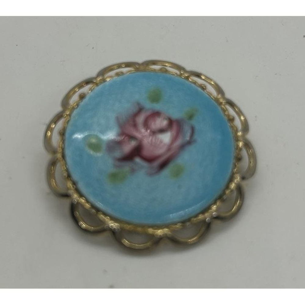 Vintage Blue Guilloche Enamel Pin Painted Pink Rose Gold Tone Twist Frame‎ Round